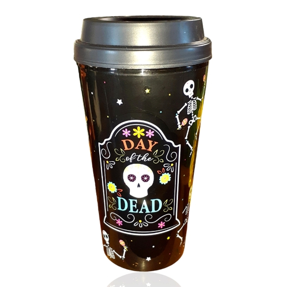 GROOVY GLAM Dancing Day of the Dead Sugar Skull Black Travel Tumbler with Lid